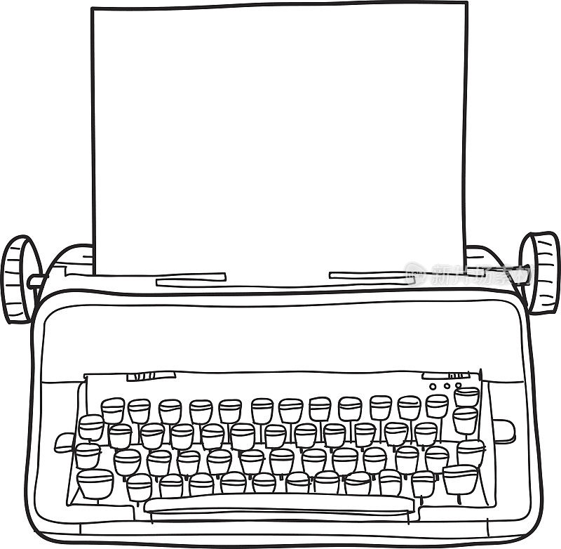 老式打字机，工作条件，手绘矢量线艺术插图