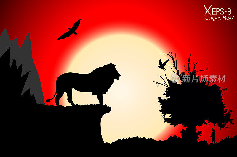 夕阳映红的丛林里有山、老树、鸟、狮子和猫鼬。向量的背景