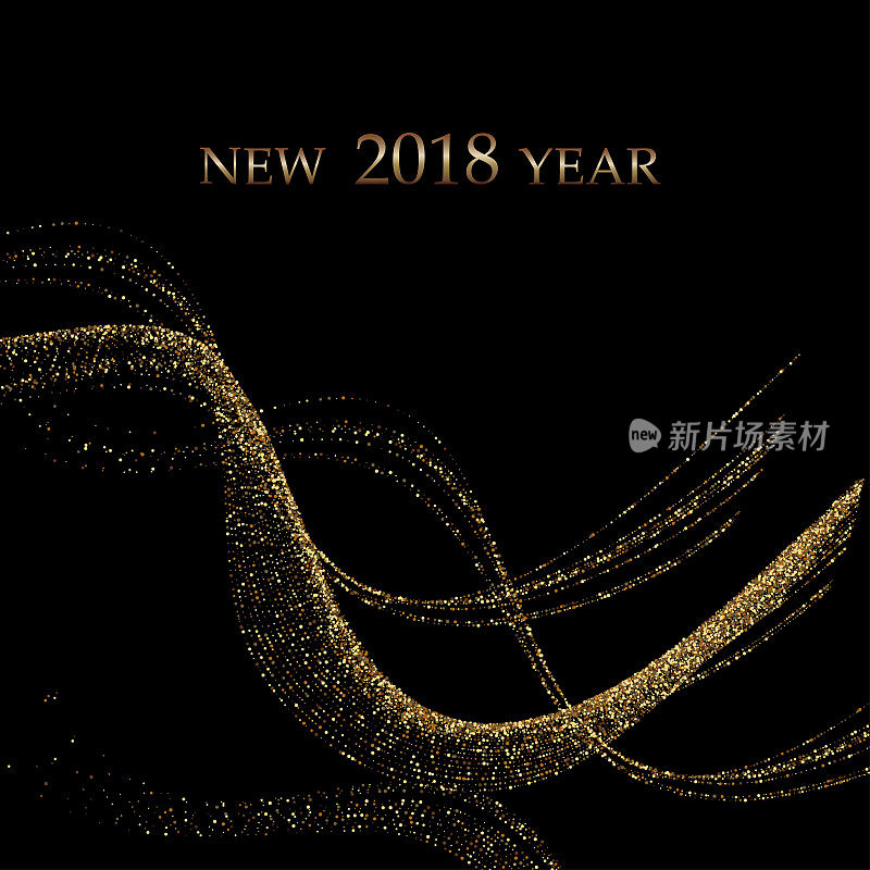 金色金属波状五彩纸屑在黑色背景上闪闪发光。豪华新年矢量背景。金粒抽象结构