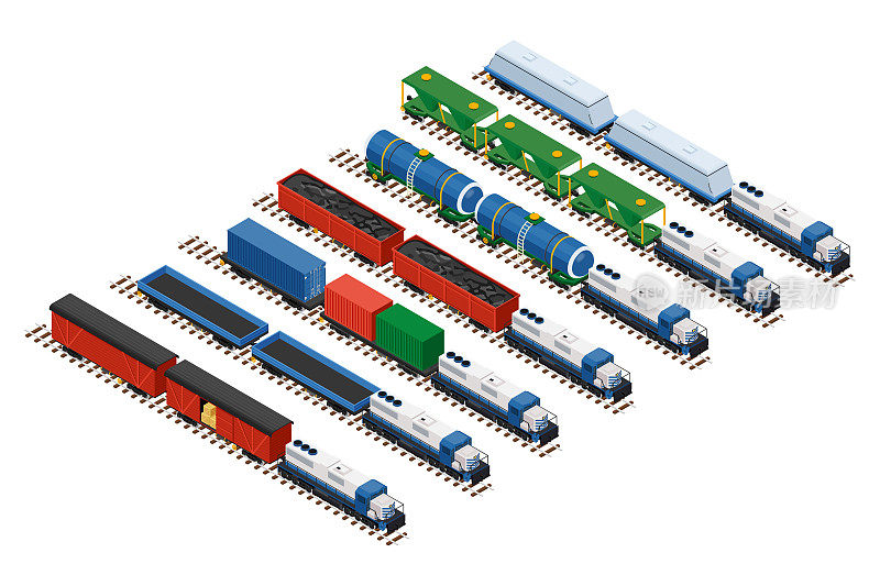 一组铁路列车的矢量等距图，包括机车、集装箱运输平台、有顶车厢、贮水池和散装货物的铁路车厢。