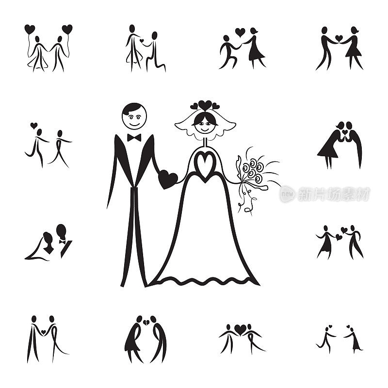 新娘和新郎的偶像。设置的情人节元素图标。照片相机质量平面设计收集图标网站，网页设计，移动应用程序