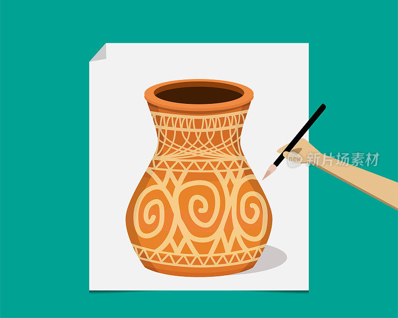 艺术家在纸上画古代陶器，矢量