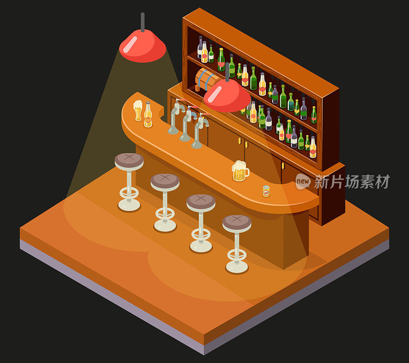 等角酒吧酒吧餐厅咖啡厅符号酒精啤酒屋室内3d图标背景概念平面设计模板矢量插图