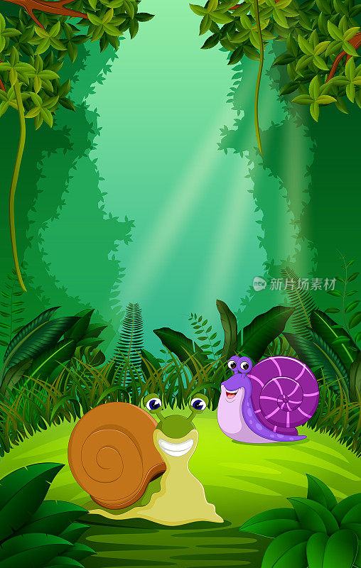 蜗牛在清澈绿色的森林里