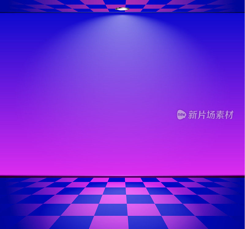 80年代风格的蒸汽波房，蓝色和紫色的墙，格子地板