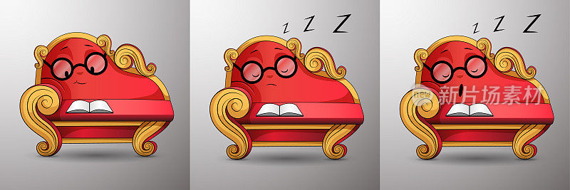 红色沙发边睡觉边看书。卡通人物。