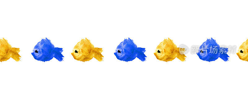 无缝边框或彩色水彩鱼类剪影斑点的形式，污渍在白色背景孤立。蓝色和黄色对比颜色的海洋动物以一种方式游泳
