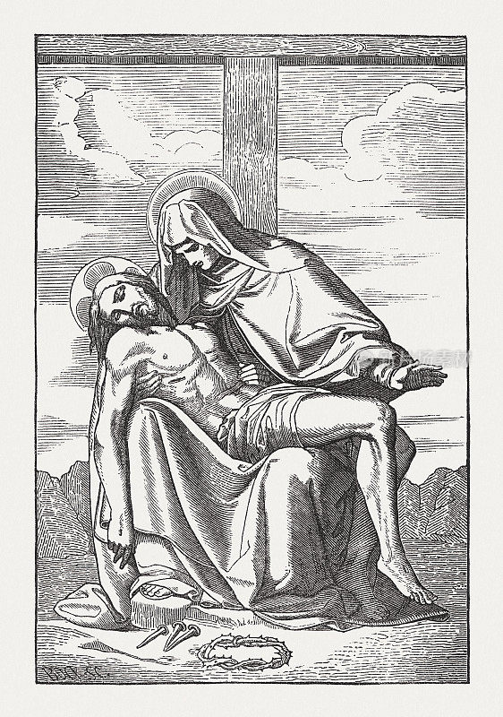 Pietà，圣母玛利亚和死去的耶稣，木刻，1850年出版