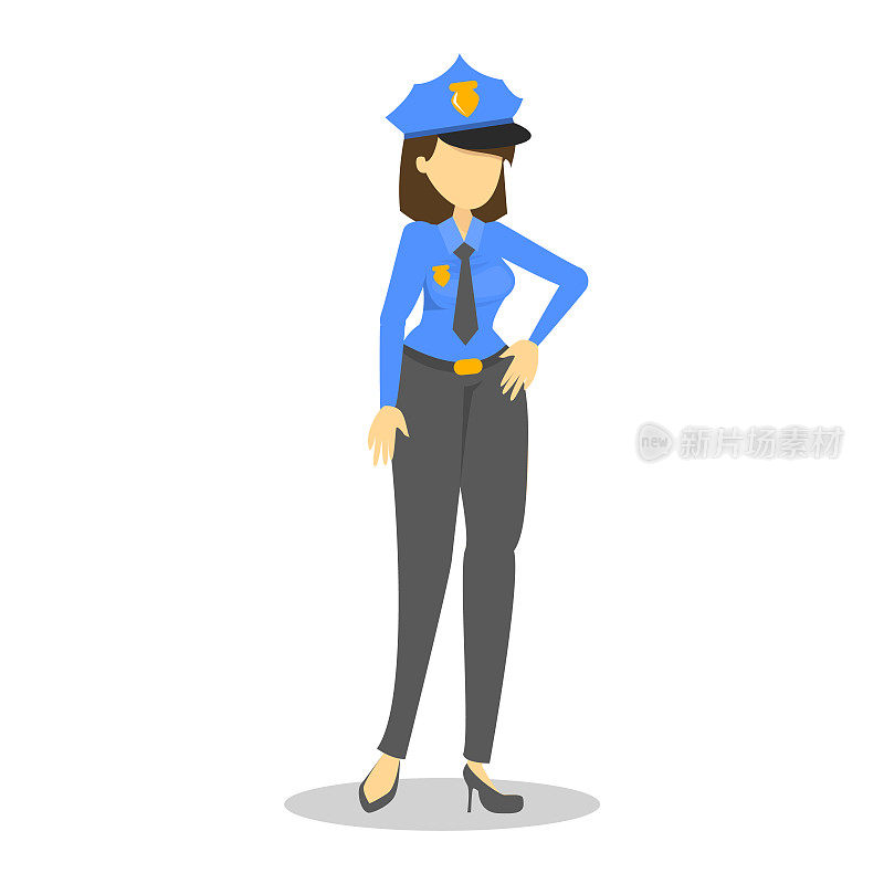 妇女在警察制服矢量插图。警察的职业、法律和权威。专业武装工人戴上帽子，保护安全。