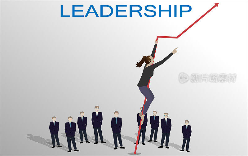 商业领导力向量概念与女商人，在团队面前攀上一支箭。