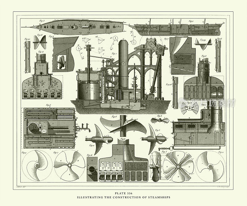 雕刻古董，说明蒸汽船的构造雕刻古董插图，出版于1851年
