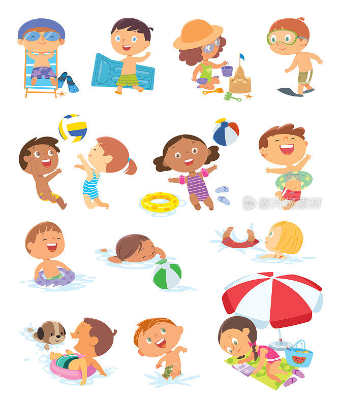 夏季场景与孩子。女孩在玩沙堡。沙滩排球