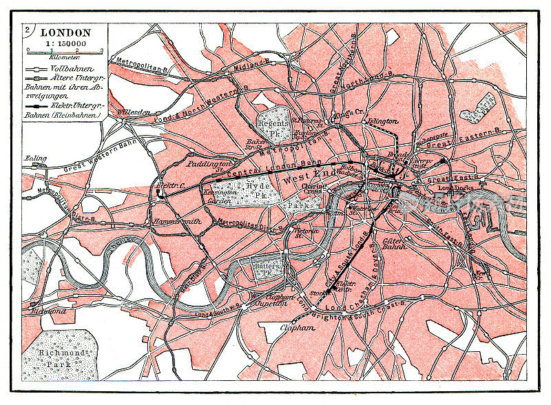 1897年英国伦敦城市地图，有铁路
