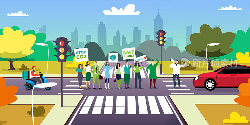 环境活动家在十字路口举着海报“绿色拯救地球”的概念，抗议者发起运动，保护地球，抗议全球变暖，城市景观全长水平