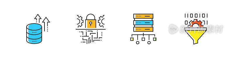 与大数据相关的矢量平线图标。大纲符号集合。