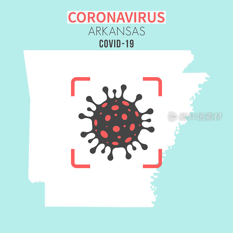 阿肯色州地图，红色取景器中有冠状病毒细胞(COVID-19)