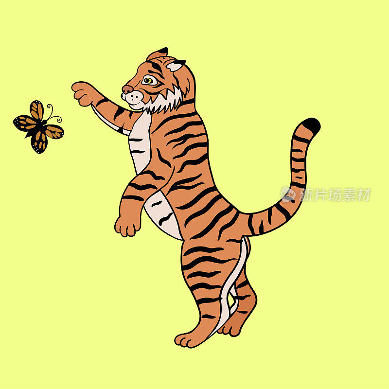 一只老虎在和一只蝴蝶玩。矢量图形。