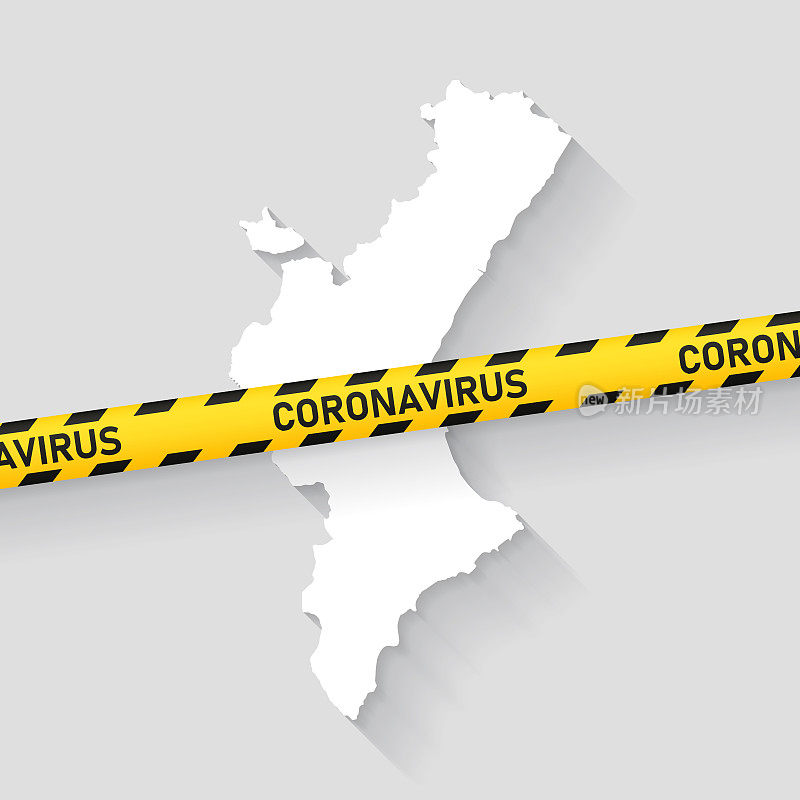 带有冠状病毒警告胶带的瓦伦西亚社区地图。Covid-19爆发