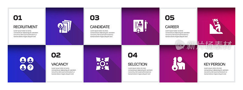 招聘相关流程信息图模板。过程时间图。使用线性图标的工作流布局