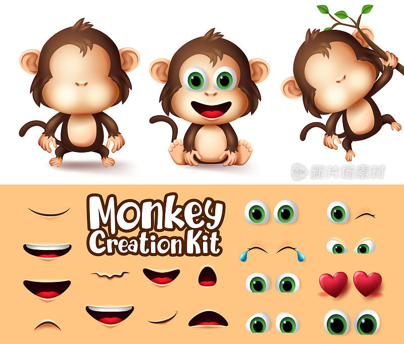 猴子动物角色创建向量集。猴子动物角色的眼睛和嘴可编辑创建工具包不同的情感和面部表情的野生动物卡通设计。