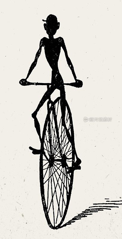一辆前轮自行车，剪影，在白色背景上的正面视图