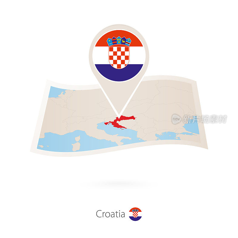 折叠的克罗地亚纸地图和克罗地亚国旗别针。