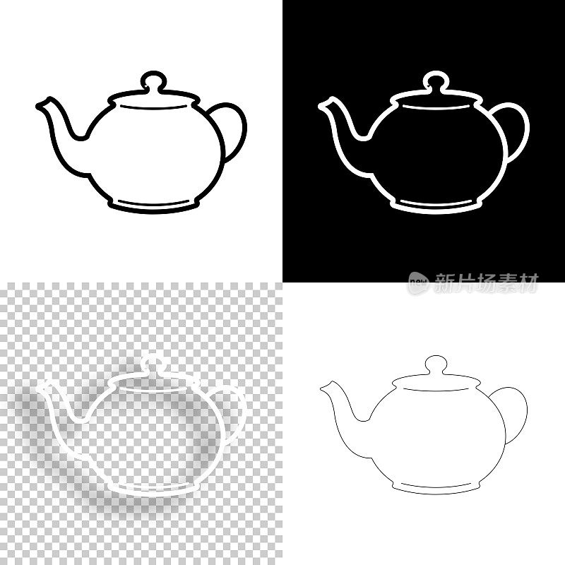 茶壶。图标设计。空白，白色和黑色背景-线图标