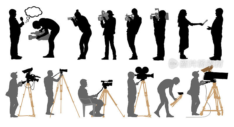 一群专业人士带着摄像机和照相机。剪影是分开的。矢量插图。