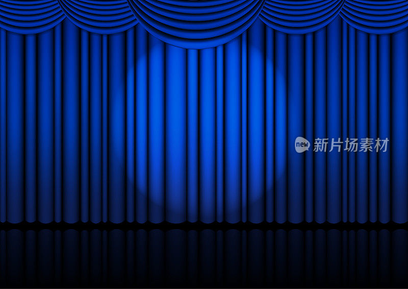 室内写实歌剧舞台，配有蓝色幕布和聚光灯，用于喜剧表演或歌剧表演电影。矢量插图。