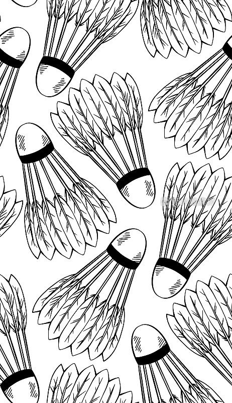 无缝模式与羽毛球素描打羽毛球在白色的背景。运动器材。矢量黑白纹理