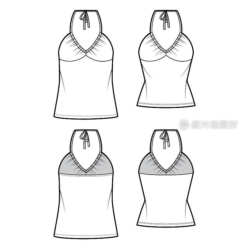 一套上衣v领吊带背心技术时尚插图与帝国缝，细领结，苗条，超大合身，蝴蝶结