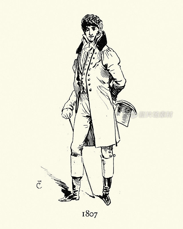 马裤塞进靴子里的年轻人，大衣，大礼帽，19世纪早期的巴黎时尚