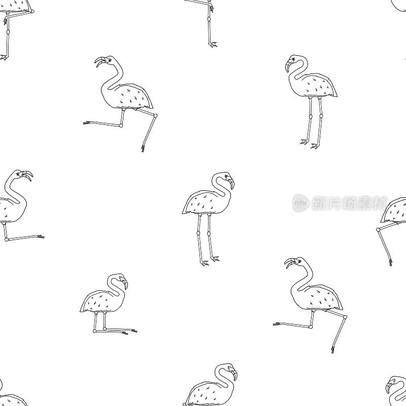 重复无缝轮廓卡通火烈鸟图案孤立，白色背景。涂鸦载体动物是活跃的、跳舞的、飞翔的、睡觉的、休息的、做梦的、行走的。黑线单色效果。
