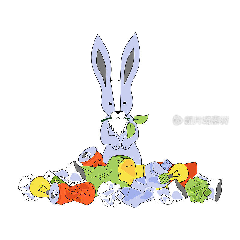灰兔坐在一堆垃圾里。生态和废物管理问题。塑料瓶、罐、纸、杯、电池、袋等。矢量图像上的白色背景