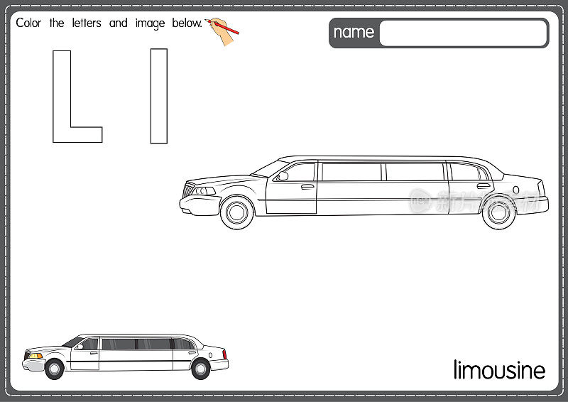 矢量插图的儿童字母着色书页与概述剪贴画，以颜色。字母L代表豪华轿车。