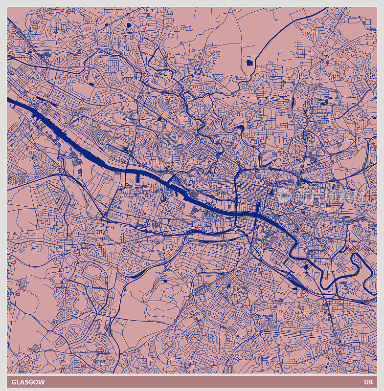 彩色艺术插画风格地图，格拉斯哥城市，苏格兰，英国