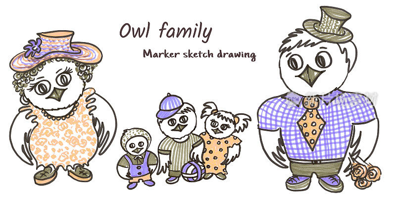 多色系列的卡通猫头鹰在白色的背景线艺术风格。黄色和紫色的父亲，母亲，孩子，男孩和女孩猫头鹰涂鸦。婚礼当天的祝贺插图。