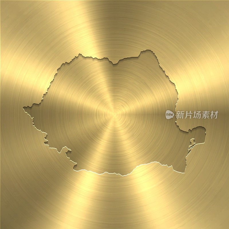 罗马尼亚地图上的黄金背景-圆形拉丝金属纹理