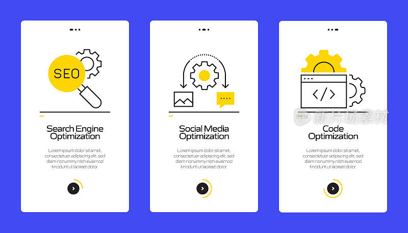搜索引擎优化概念Onboarding移动应用程序页面屏幕与平面图标。UI设计模板矢量插图