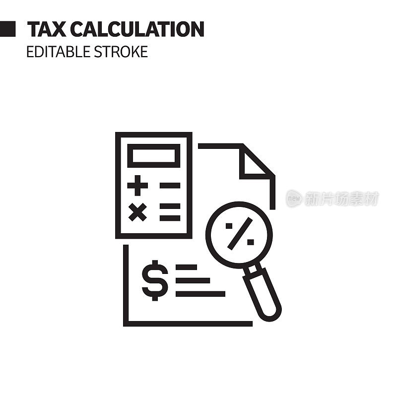 税计算线图标，轮廓矢量符号说明。