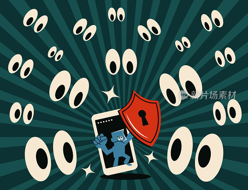 智能手机的安全概念和蓝人正在使用一个盾牌来保护他的数据免受黑客的攻击