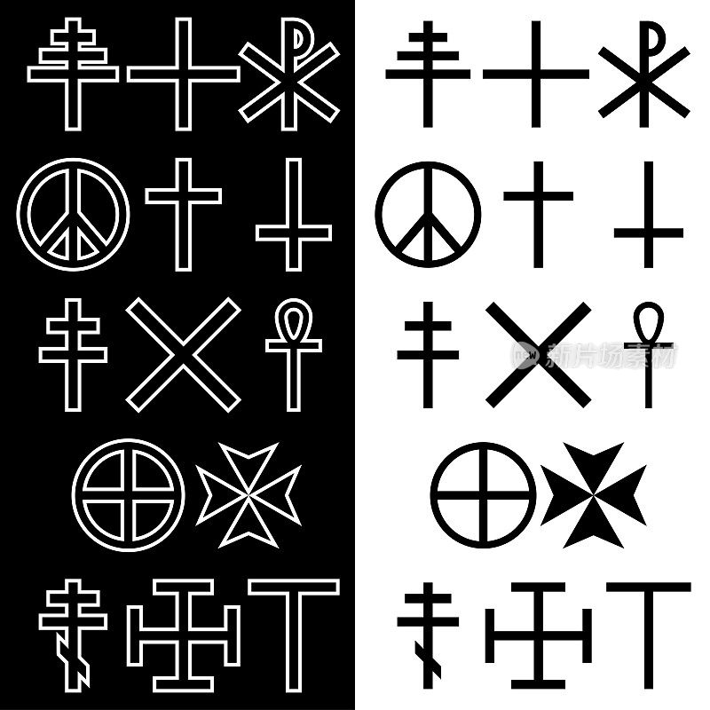 十字架图标集。宗教的象征。线的艺术。孤立的符号在黑色，白色的背景。矢量图