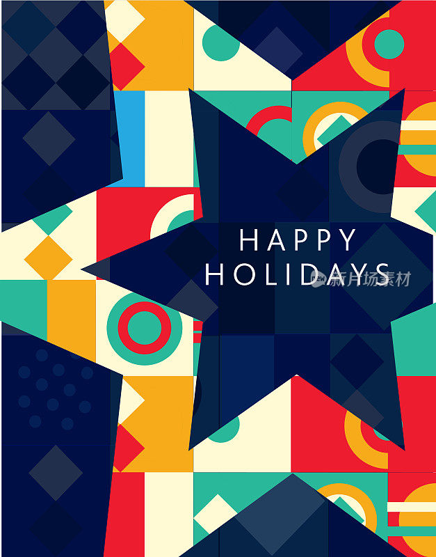 节日快乐贺卡平面设计模板与星形几何形状和简单的图标