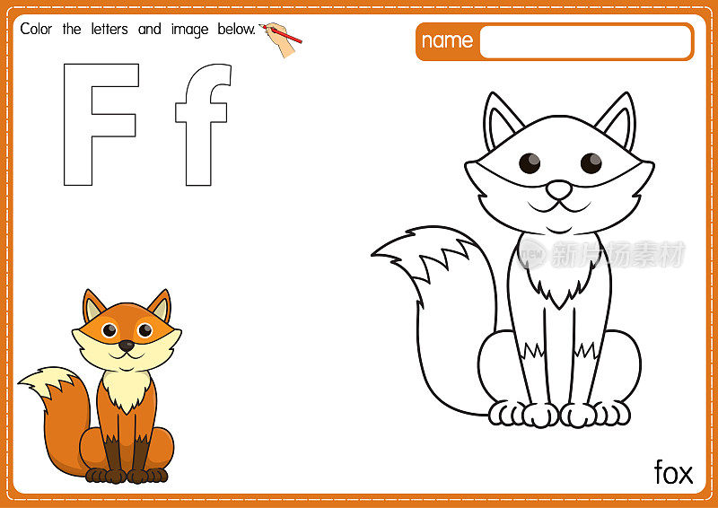 矢量插图的儿童字母着色书页与概述剪贴画，以颜色。字母F代表狐狸。