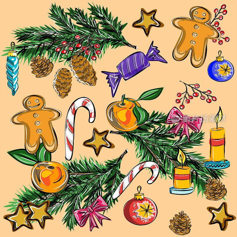 横幅，画框，圣诞快乐和新年快乐设计。圣诞姜面包，蜡烛，棒棒糖，树枝，树玩具，橘子，礼物。孤立的矢量对象。