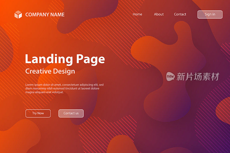 着陆页模板-抽象设计，红色渐变背景上有流体形状