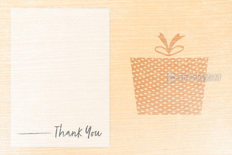 米色礼物或礼盒系蝴蝶结与文本信息模板谢谢，水平矢量木制纹理背景与白色文本框