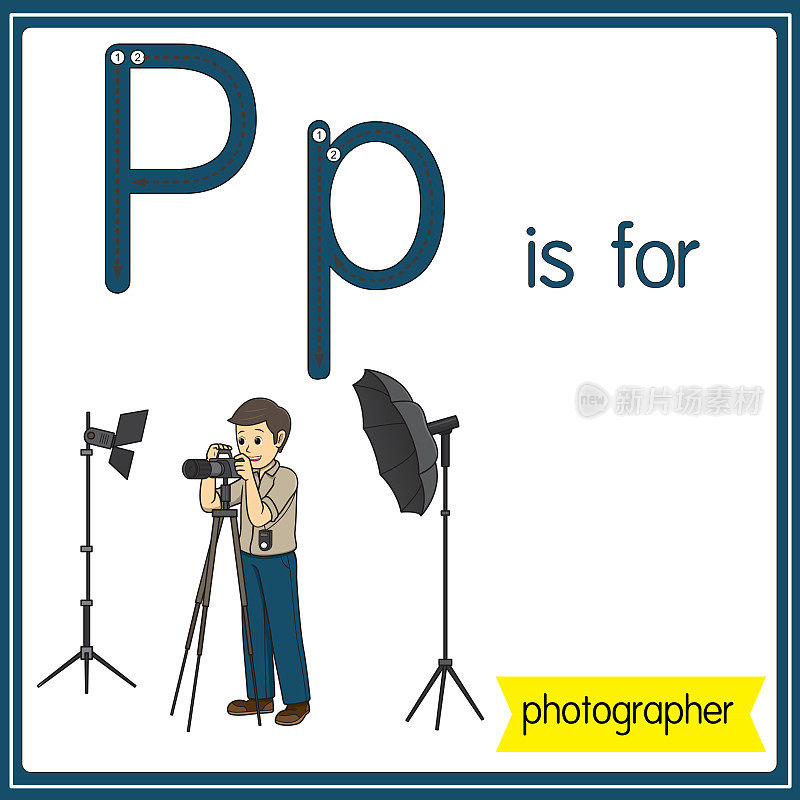 矢量插图学习字母为儿童与卡通形象。P代表photographer。