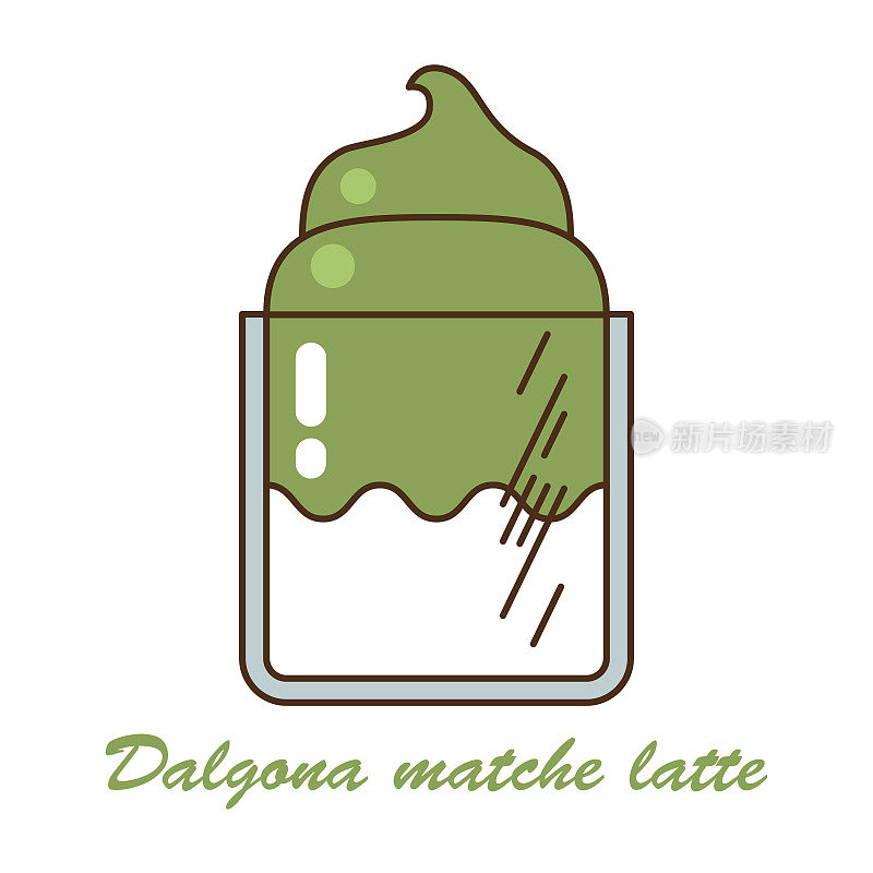 达尔戈纳匹配咖啡矢量插图。自制饮料，抹茶拿铁，奶茶，甜鸡尾酒