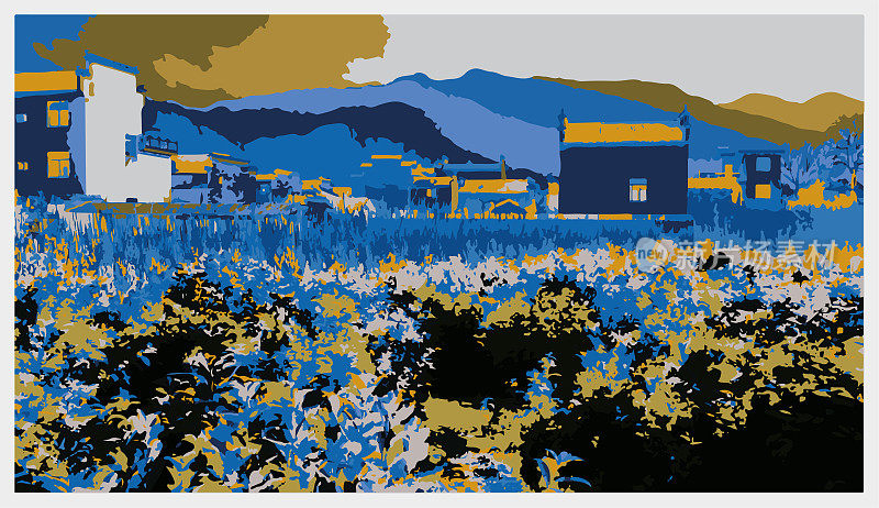 矢量色彩雕刻风格的山景插图背景，黟县，黄山市-安徽省，中国